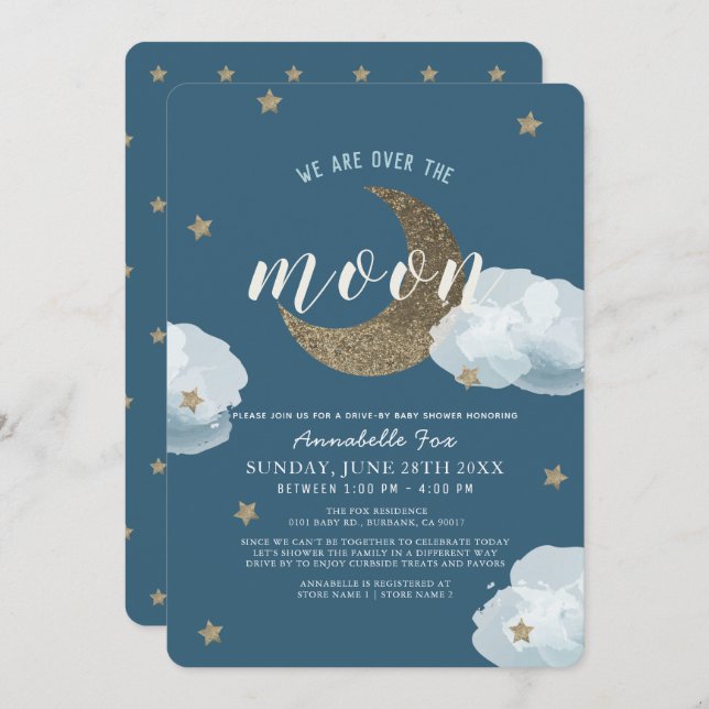 Over the Moon Midnight Blue Drive-by Baby Shower Invitation (Front/Back)