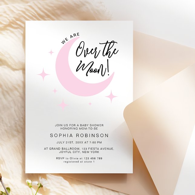 Over the Moon Minimalist Pink Baby Girl Shower Invitation (Creator Uploaded)