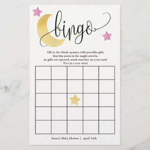 Over The Moon, Moon and Pink Stars Bingo Game Card