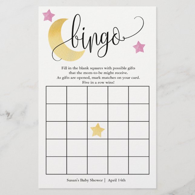 Over The Moon, Moon and Pink Stars Bingo Game Card (Front)