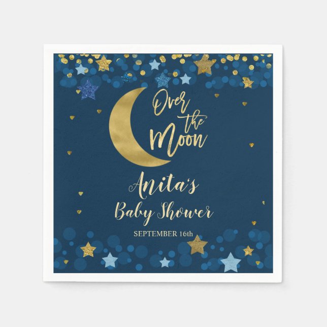 Over The Moon Navy Baby Shower Gold Glitter Napkin (Front)