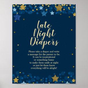 Over The Moon Navy Baby Shower Late Night Diapers Poster