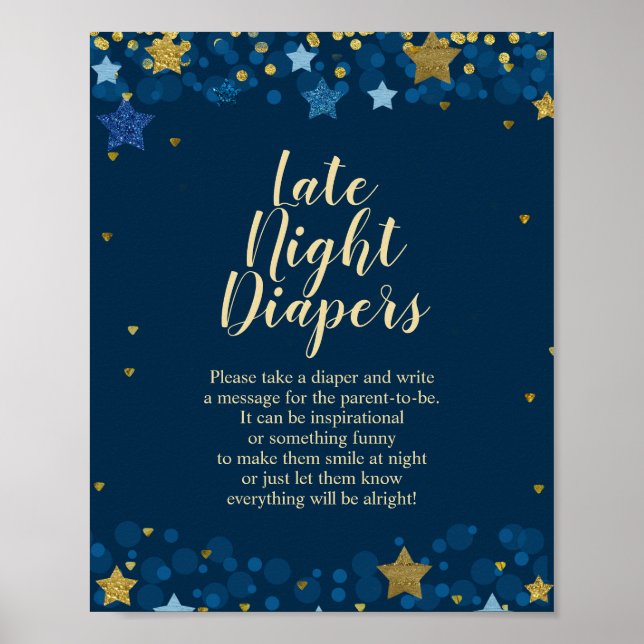 Over The Moon Navy Baby Shower Late Night Diapers Poster (Front)