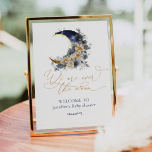 Over the moon navy baby shower welcome poster