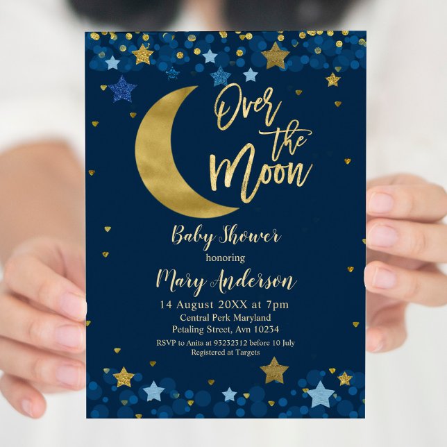 Over The Moon Navy Blue Baby Shower Invitation (Creator Uploaded)