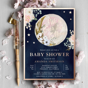 Over The Moon Navy Blue Baby Shower Pink Rose Gold