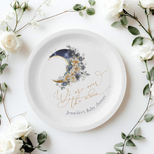 Over the moon navy gold foil floral baby shower  paper plate