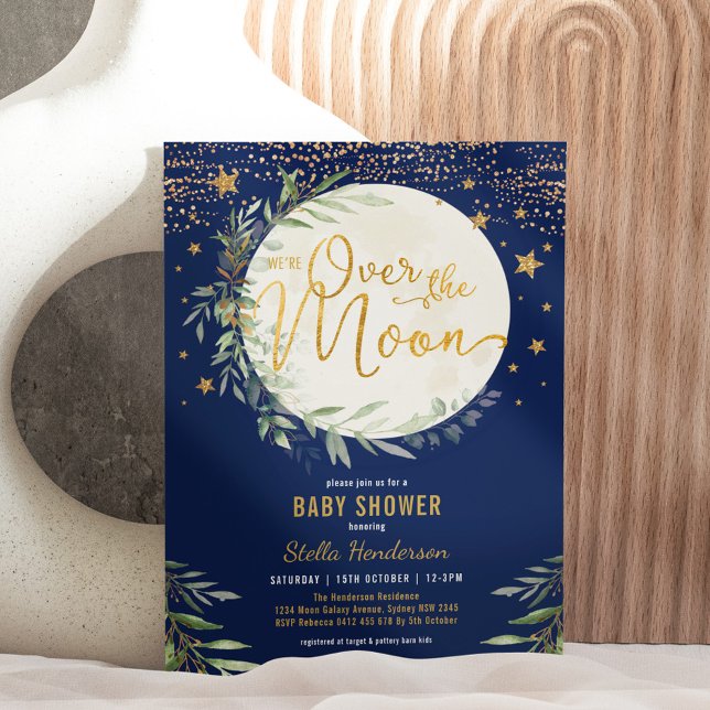 Over the Moon Navy Gold Greenery Baby Shower Invitation (Creator Uploaded)