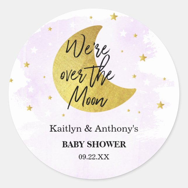 Over The Moon | Neutral Baby Shower Classic Round Sticker (Front)