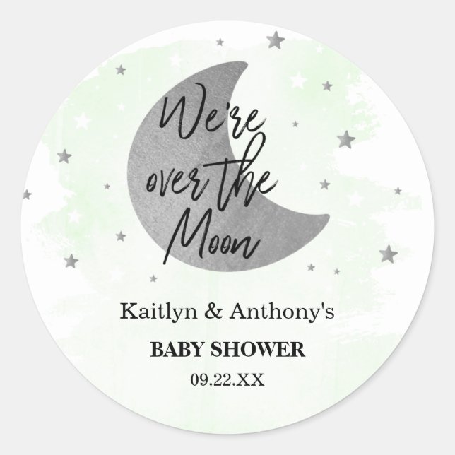 Over The Moon | Neutral Baby Shower Classic Round Sticker (Front)