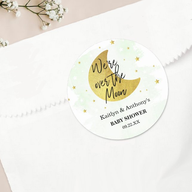 Over The Moon | Neutral Baby Shower Classic Round Sticker (Creator Uploaded)