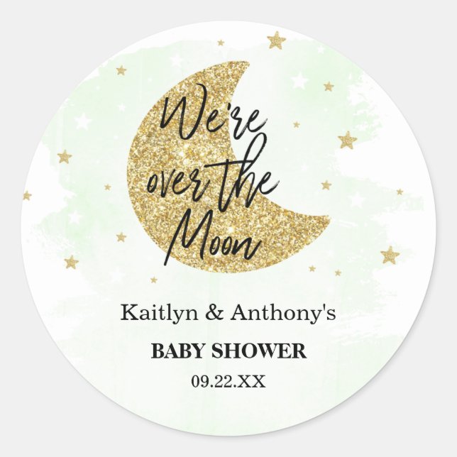 Over The Moon | Neutral Baby Shower Classic Round Sticker (Front)