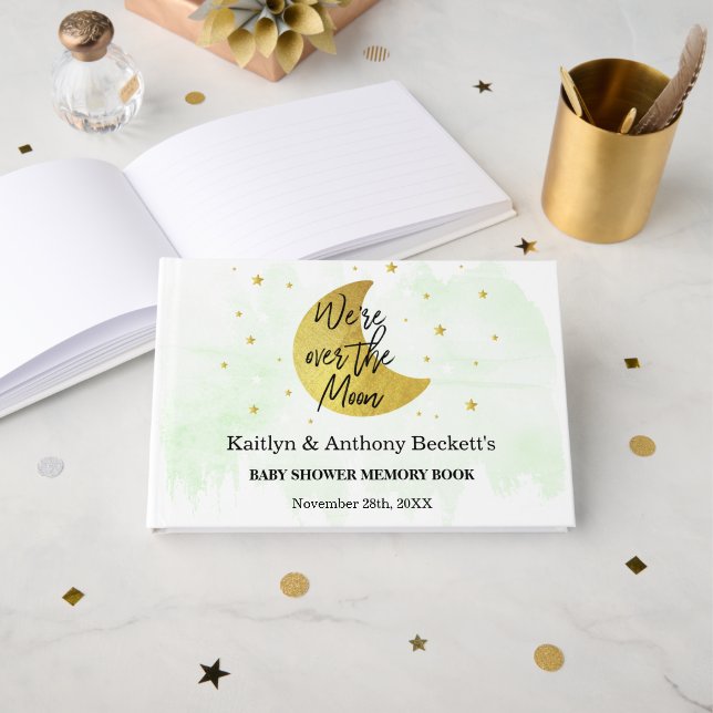 Over The Moon | Neutral Baby Shower Memory Guest Book (Front Open)