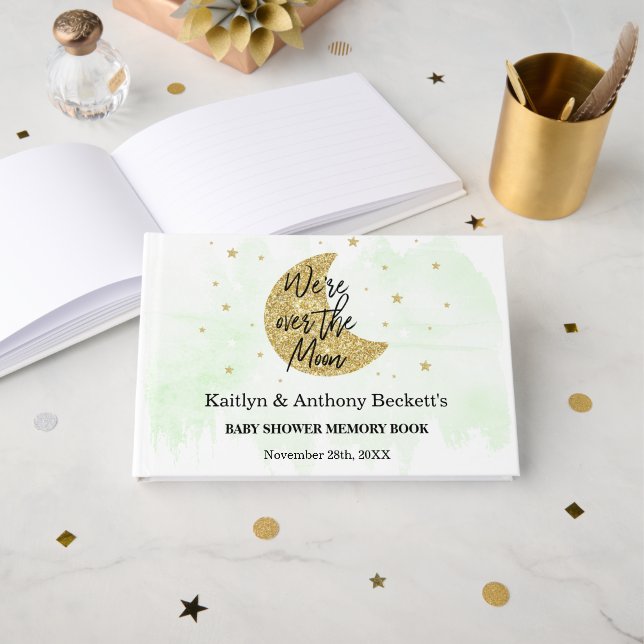 Over The Moon | Neutral Baby Shower Memory Guest Book (Front Open)