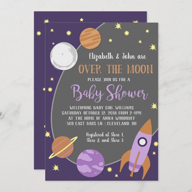 Over the Moon Outer Space Girl Baby Shower Invitation (Front/Back)