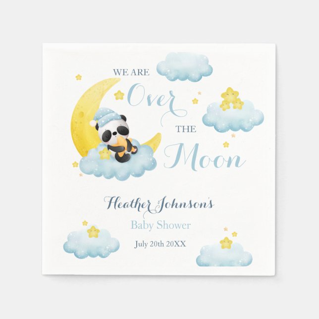 Over The Moon Panda Bear Boy Baby Shower Napkin (Front)