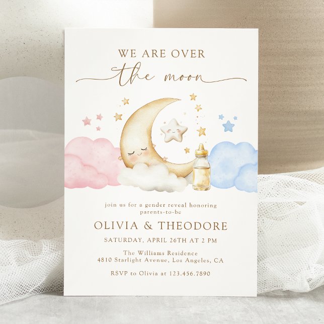 Over the Moon Pink and Blue Gender Reveal Party Invitation (Creator Uploaded)