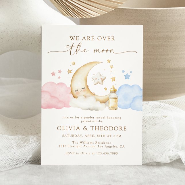 Over the Moon Pink and Blue Gender Reveal Party Invitation (Creator Uploaded)