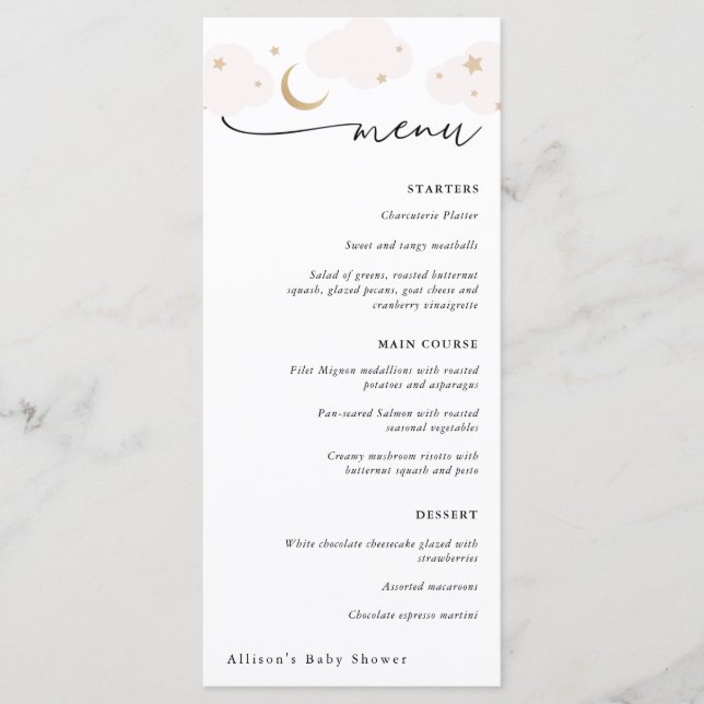 Over the Moon Pink and Gold Baby Shower Menu (Front)