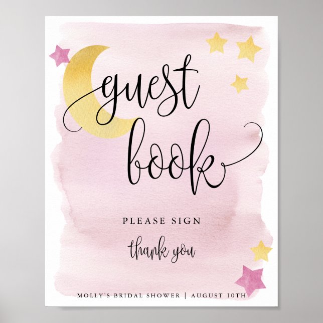 Over the Moon, Pink Baby Shower Guest Book Poster (Front)