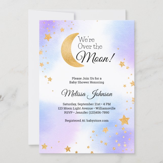 Over the Moon Pink Blue Gender Neutral Baby Shower Invitation (Front)