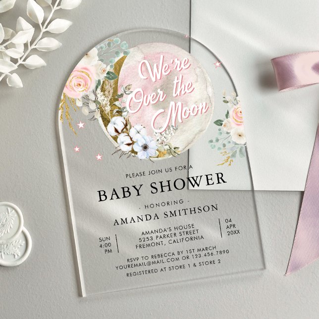 Over The Moon Pink Floral Arch Baby Shower Acrylic Invitations (Creator Uploaded)