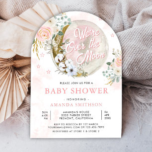 Over The Moon Pink Floral Arch Baby Shower Invitation