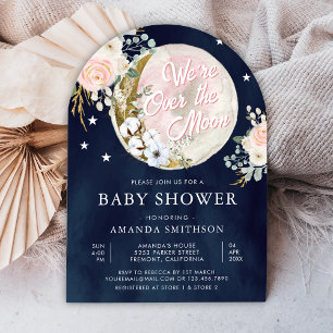 Over The Moon Pink Floral Navy Blue Baby Shower Invitation