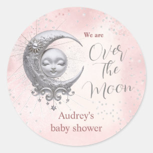 Over The Moon Pink Girl Baby Shower  Classic Round Sticker