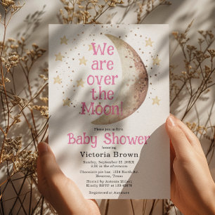 Over the Moon Pink Girl Baby Shower Invitation
