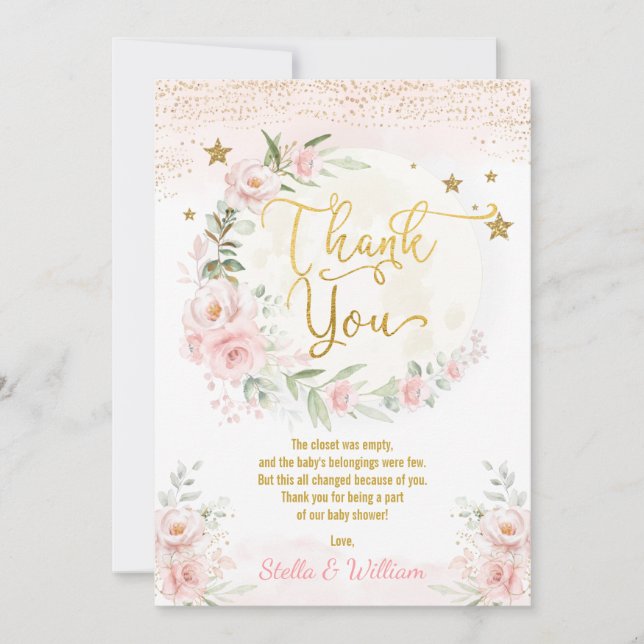 Over the Moon Pink Gold Floral Stars Baby Shower Thank You Card (Front)