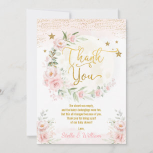 Over the Moon Pink Gold Floral Stars Baby Shower Thank You Card