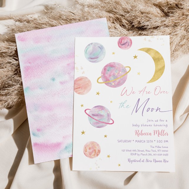 Over the Moon Pink Pastel Space Baby Shower Invitation (Creator Uploaded)