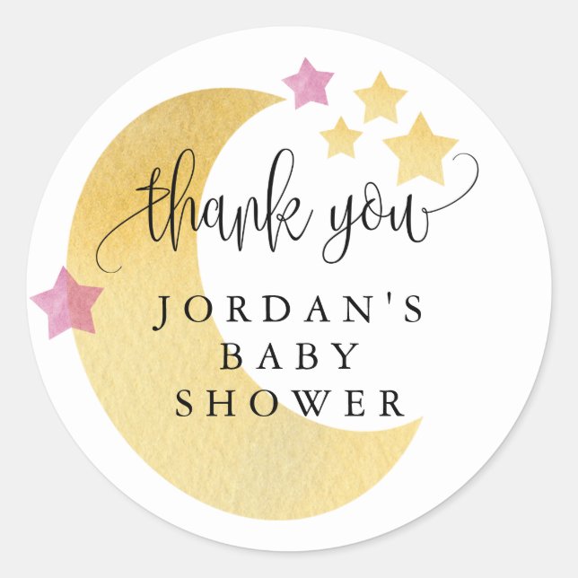 Over the Moon Pink Personalised Baby Shower Favour Classic Round Sticker (Front)