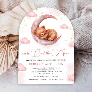 Over the Moon Pink Teddy Bear Arch Baby Shower Invitation