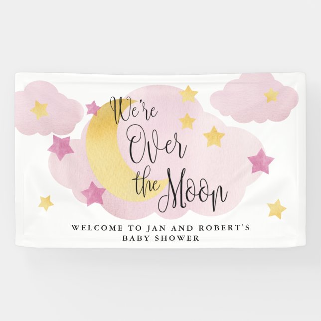 Over the Moon, Pink Watercolor Baby Shower Banner (Horizontal)