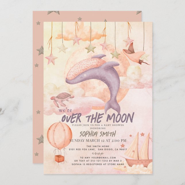 Over the Moon Pink Whale Boho Girl Baby Shower Invitation (Front/Back)