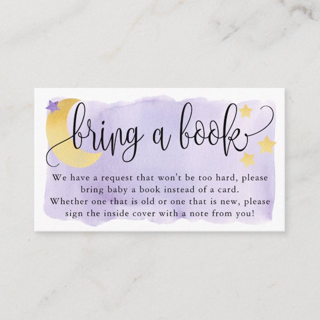 Over the Moon, Purple Baby Shower Book Request Enclosure Card (Front)