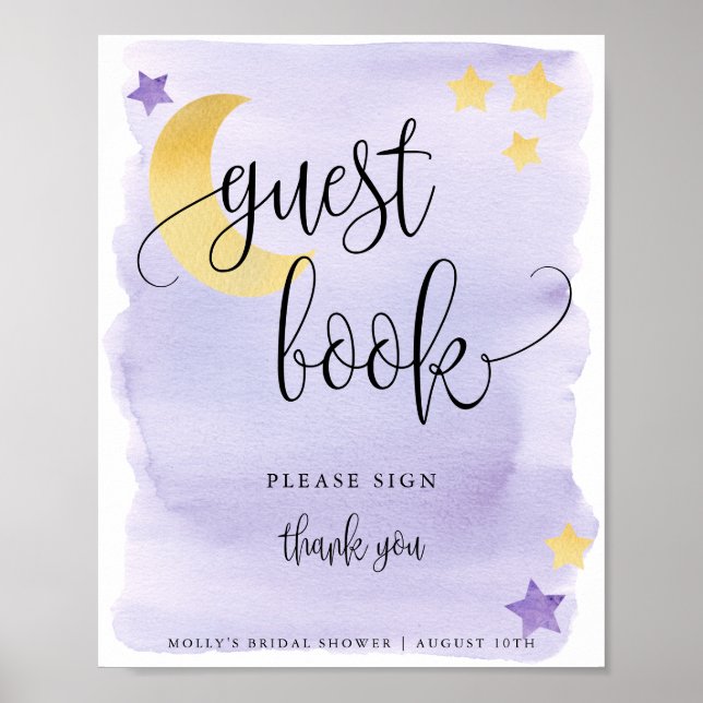 Over the Moon Purple Baby Shower Guest Book Poster (Front)