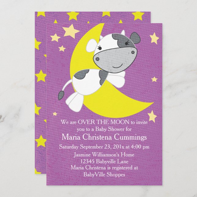 Over The Moon Purple Baby Shower Invitation (Front/Back)