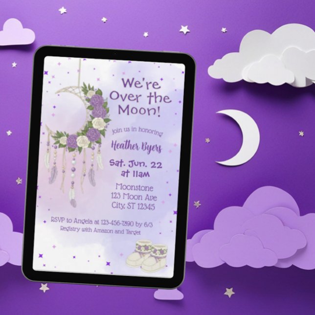 Over the Moon Purple Dreamcatcher Baby Shower Invitation (Creator Uploaded)