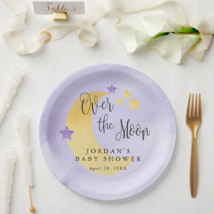 Over the Moon, Purple Personalised Baby Shower Paper Plate