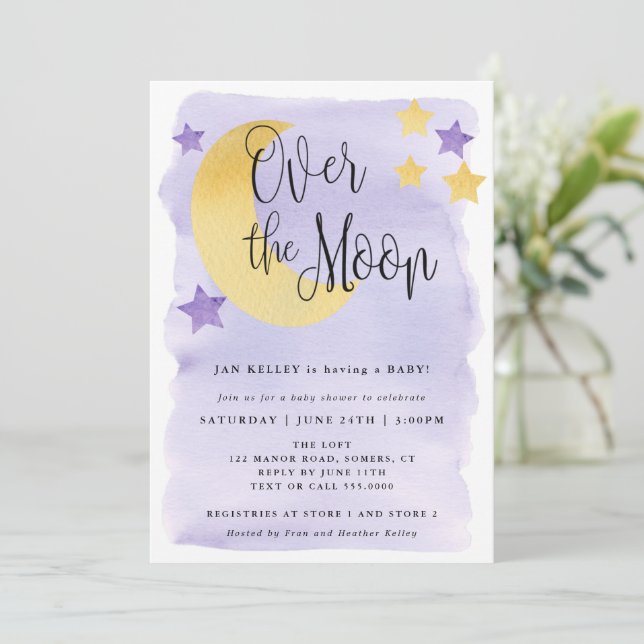 Over the Moon, Purple Watercolor Baby Shower Invitation (Standing Front)