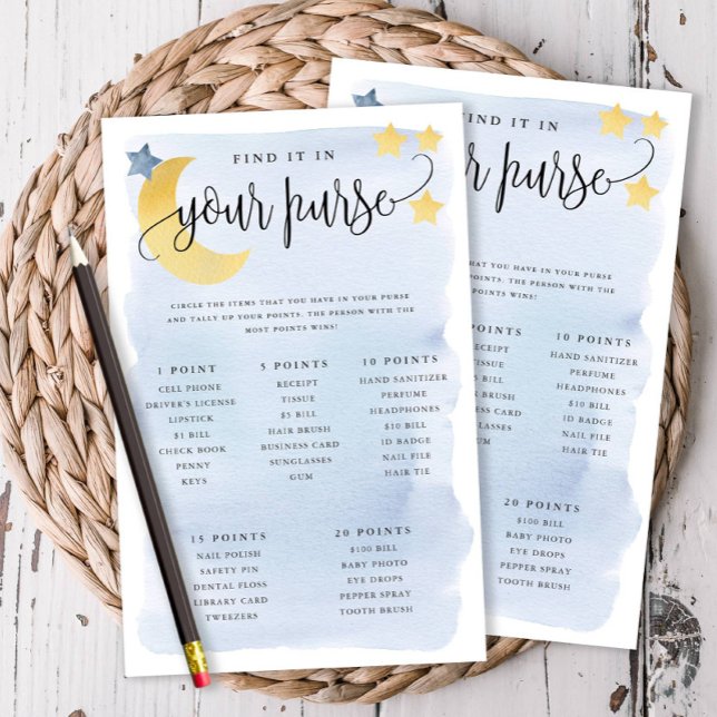 Over the Moon Purse Scavenger Paper Game Card-Blue (Over the Moon Themed-Blue, What's in Your Purse Baby Shower Game)