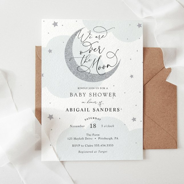 Over the Moon Silver Blue Baby Shower invitation (Creator Uploaded)