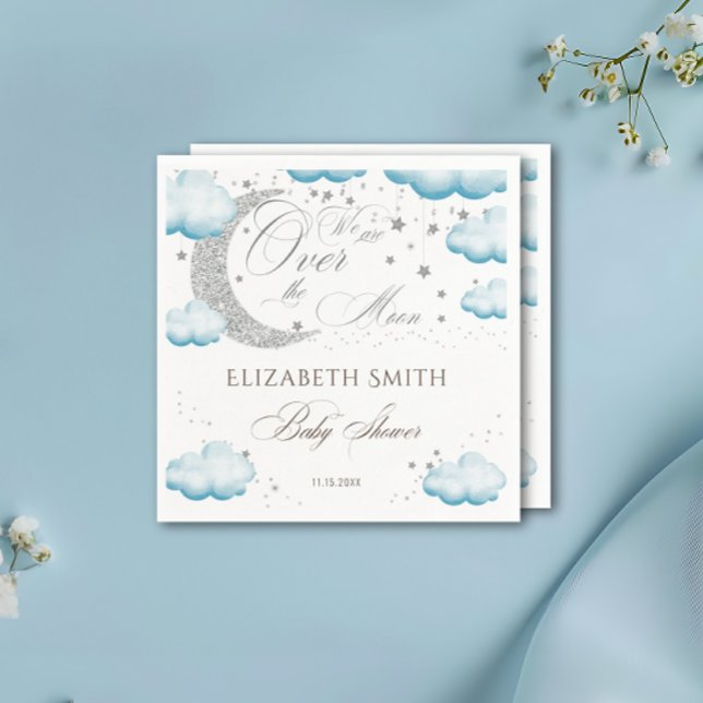 Over the Moon Silver Blue Boy Baby Shower Glitter Napkin (Creator Uploaded)