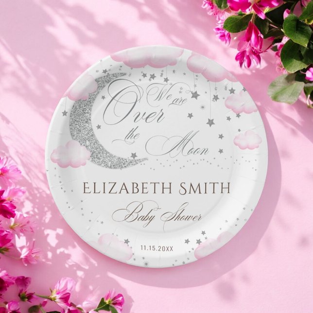 Over the Moon Silver Pink Girl Baby Shower Paper Plate (Creator Uploaded)