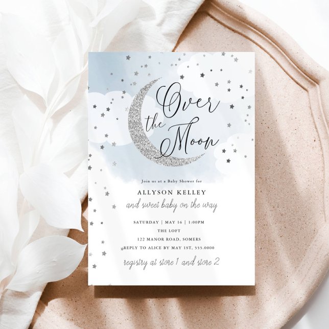 Over the Moon Silver Stars Blue Baby Shower Invitation (Creator Uploaded)