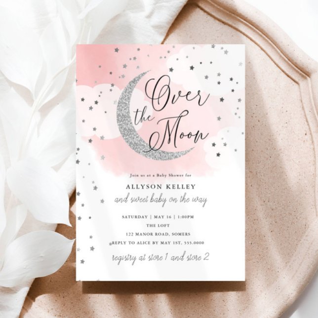 Over the Moon Silver Stars Pink Baby Shower Invitation (Creator Uploaded)