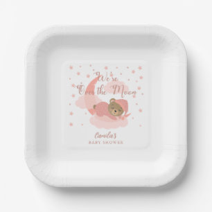 Over The Moon Sleeping Bear Girl Baby Shower Paper Plate